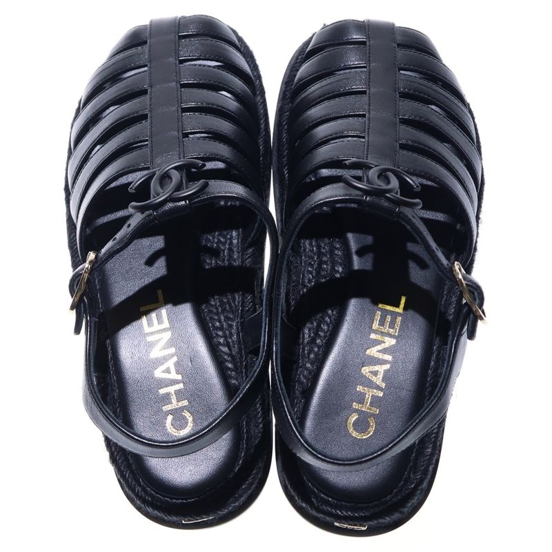 Chanel Gladiator Coco Mark Espadrilles Lambskin Sandals Gold Hardware Black — view 4
