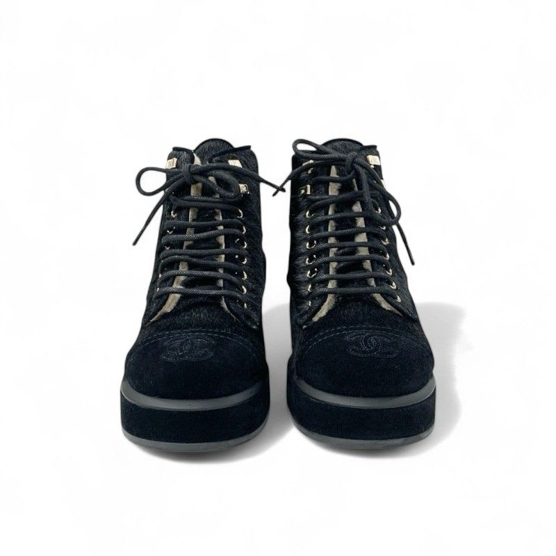 Chanel Boots Short Shoes Haraco Suede Shearling Black Coco Mark Ankle — view 2
