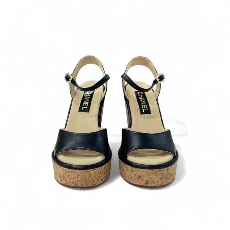 Chanel Sandals Shoes Leather Cork Black Brown Coco Mark Wedge Sole Strap — view 2