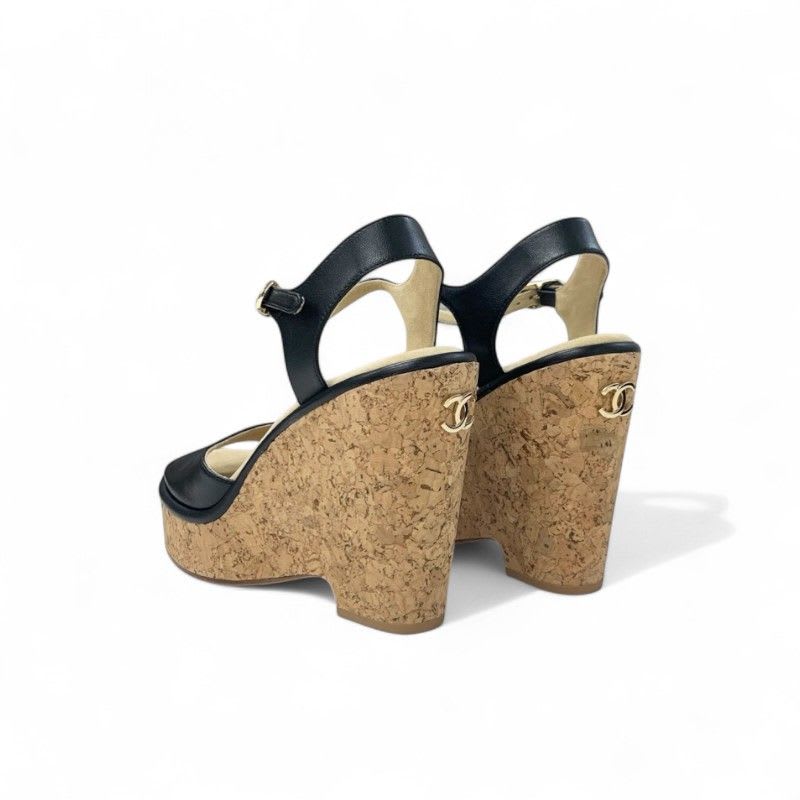 Chanel Sandals Shoes Leather Cork Black Brown Coco Mark Wedge Sole Strap — view 4