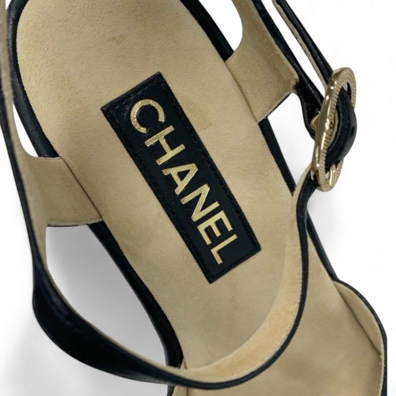 Chanel Sandals Shoes Leather Cork Black Brown Coco Mark Wedge Sole Strap — view 7