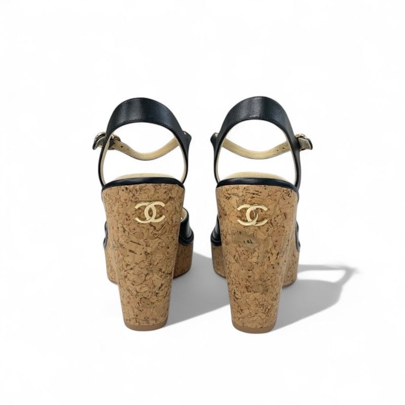 Chanel Sandals Shoes Leather Cork Black Brown Coco Mark Wedge Sole Strap — view 5