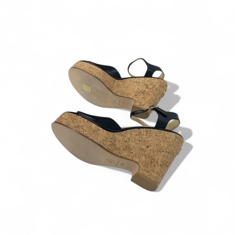 Chanel Sandals Shoes Leather Cork Black Brown Coco Mark Wedge Sole Strap — view 6
