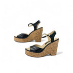 Chanel Sandals Shoes Leather Cork Black Brown Coco Mark Wedge Sole Strap — view 3