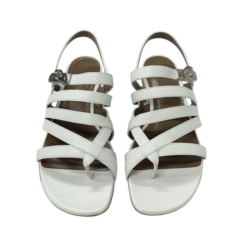 Hermes Sandals Shoes Leather White Silver Thong Flat Kelly Hardware Strap — view 2