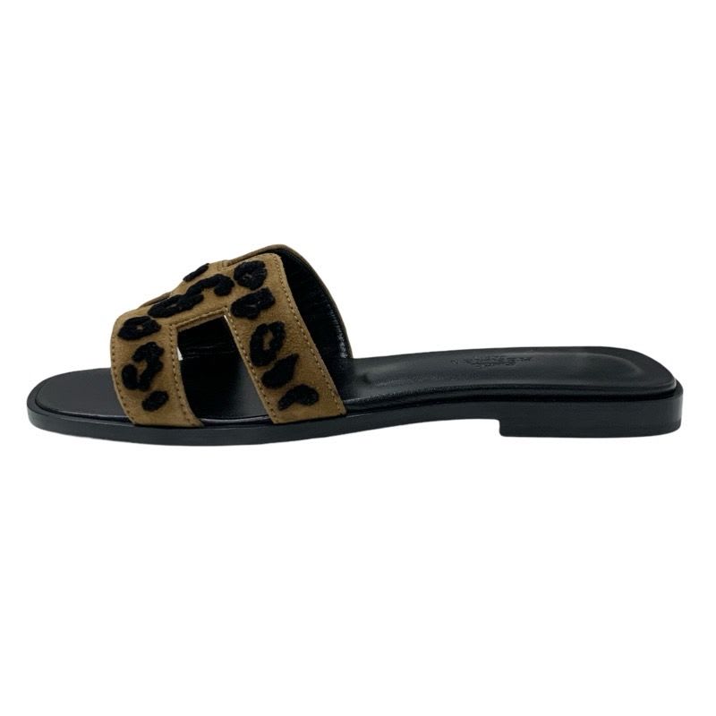 Hermes Oran Sandals Shoes Chevre Brown Black Leopard — view 3
