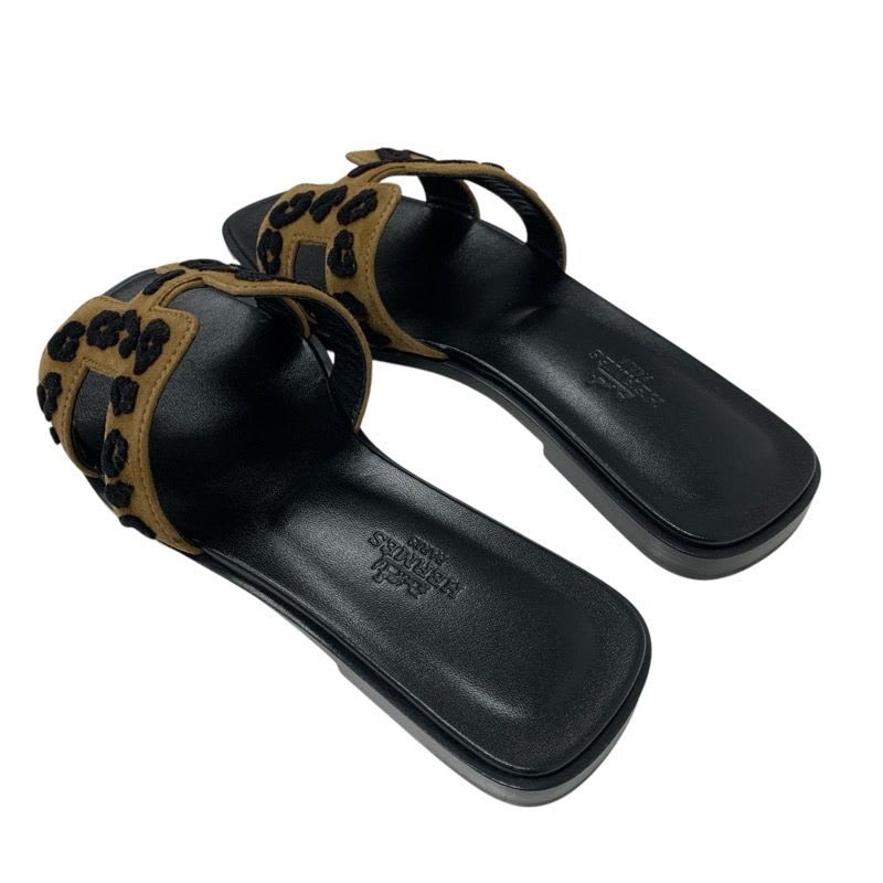Hermes Oran Sandals Shoes Chevre Brown Black Leopard — view 4