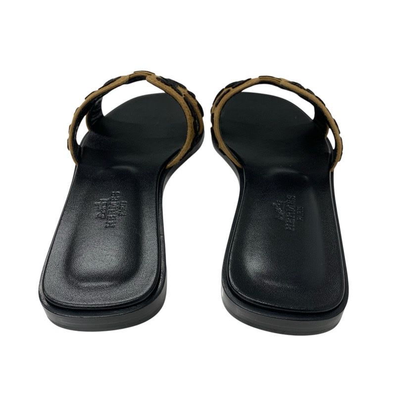 Hermes Oran Sandals Shoes Chevre Brown Black Leopard — view 5