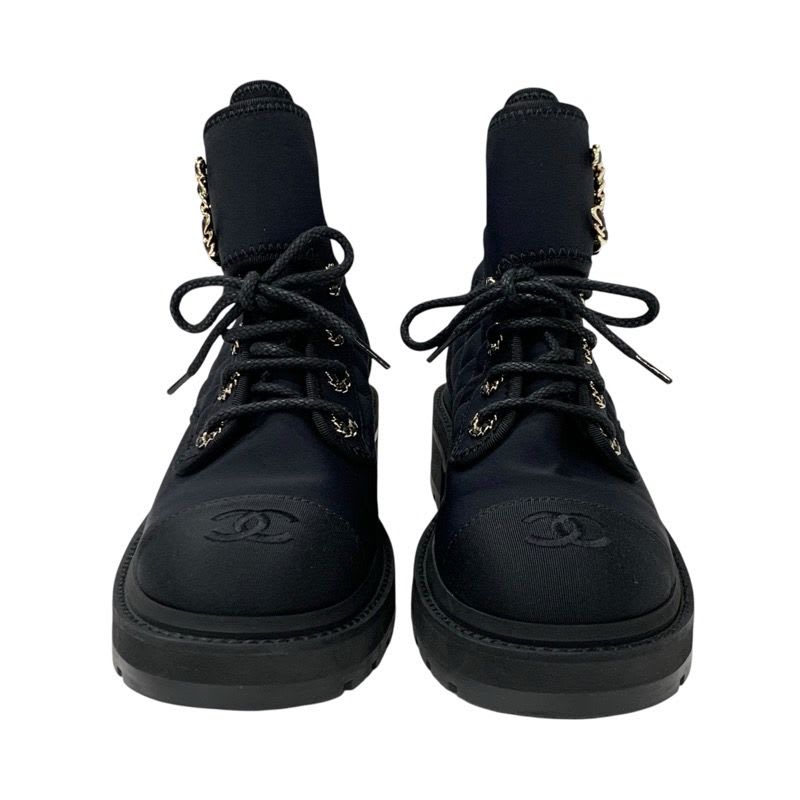 Chanel Boots Short Shoes Fabric Black Gold Quilted Coco Mark Lace Up — view 2