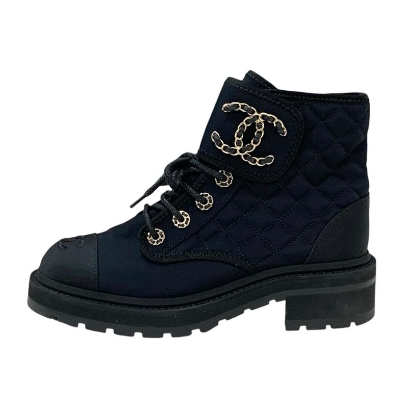 Chanel Boots Short Shoes Fabric Black Gold Quilted Coco Mark Lace Up — view 3