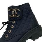 Chanel Boots Short Shoes Fabric Black Gold Quilted Coco Mark Lace Up — view 9