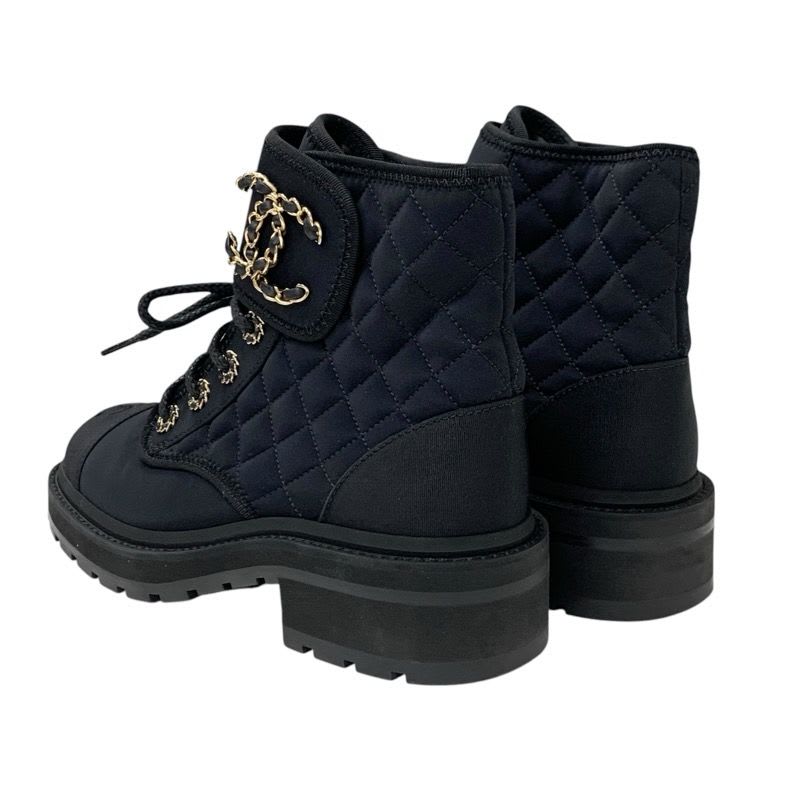 Chanel Boots Short Shoes Fabric Black Gold Quilted Coco Mark Lace Up — view 4