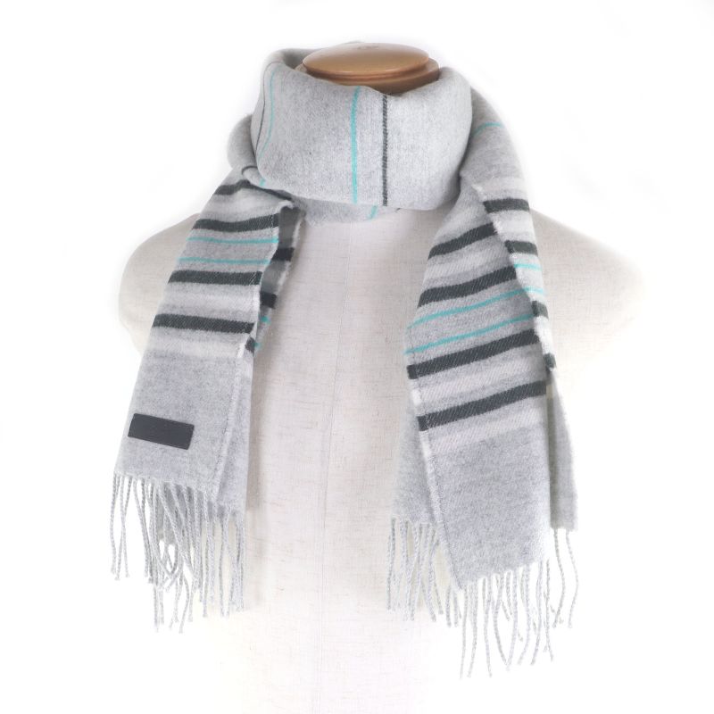 Hermes 100% Cashmere Logo Leather Patch Neolo Cabasol Striped Fringe Scarf — view 2