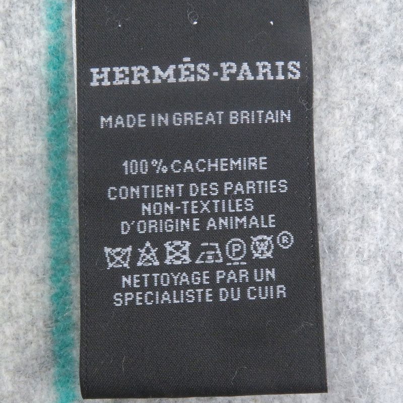 Hermes 100% Cashmere Logo Leather Patch Neolo Cabasol Striped Fringe Scarf — view 7