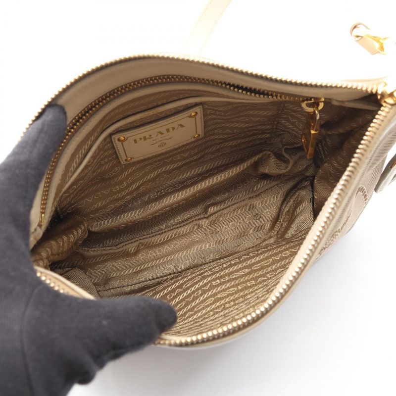 Prada Shoulder Bag Logo Jacquard Beige Ivory Canvas Leather — view 3