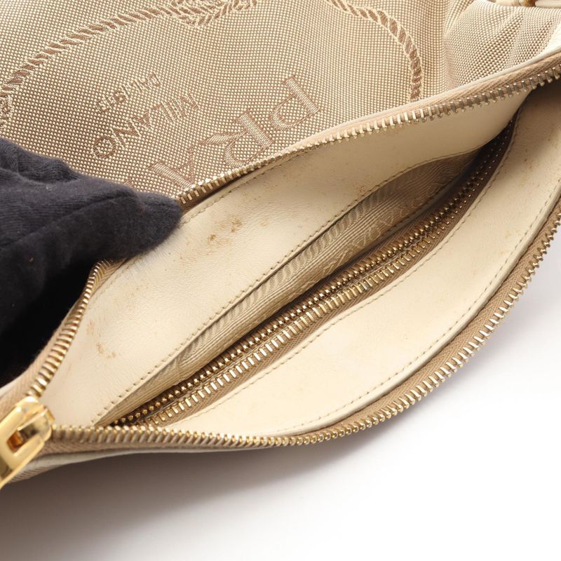 Prada Shoulder Bag Logo Jacquard Beige Ivory Canvas Leather — view 9