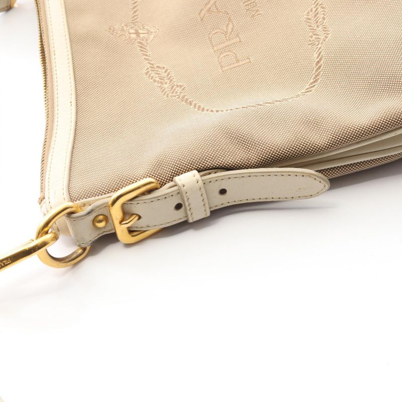Prada Shoulder Bag Logo Jacquard Beige Ivory Canvas Leather — view 7