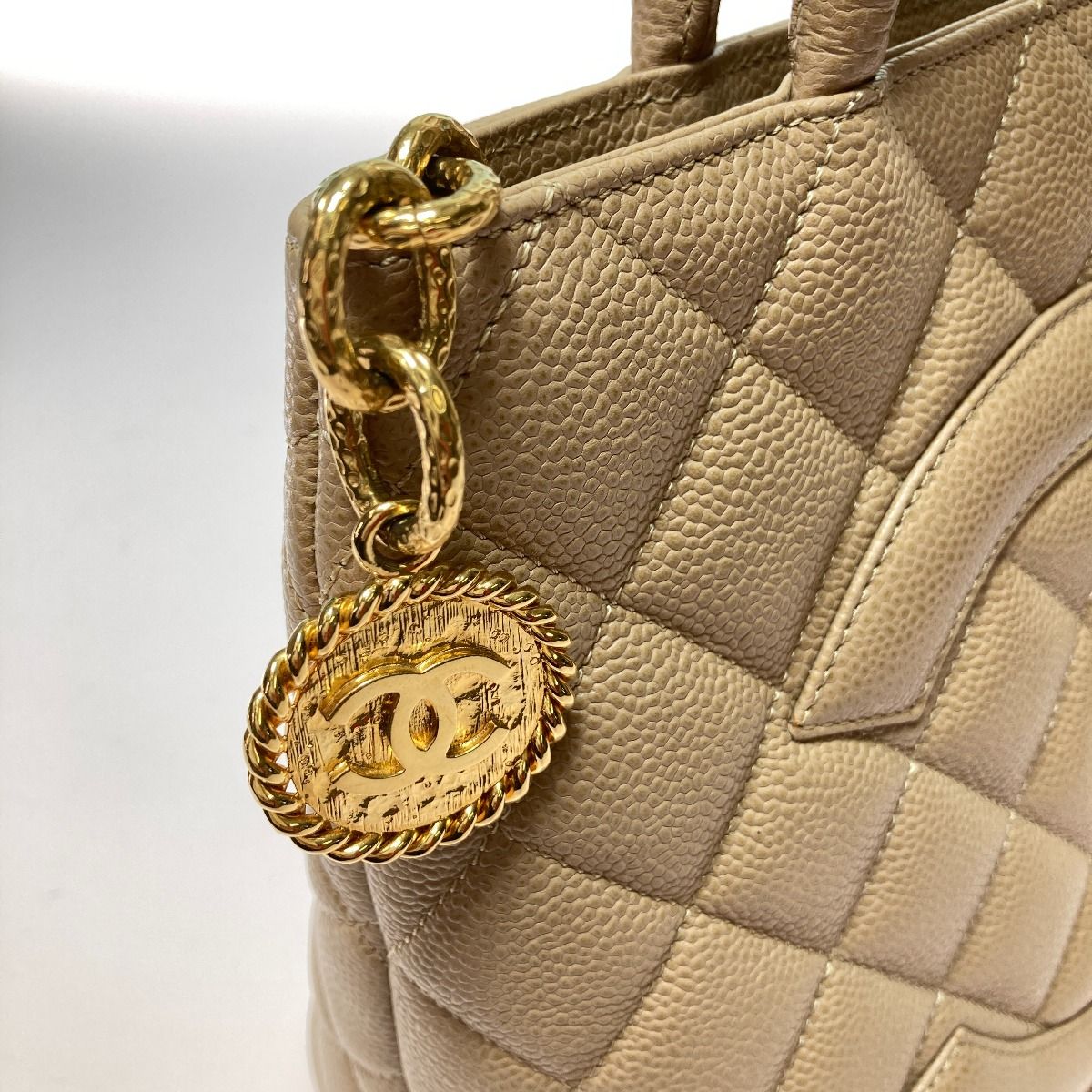 Chanel Medallion Tote Caviar Leather Bag Gold Hardware Beige — view 7