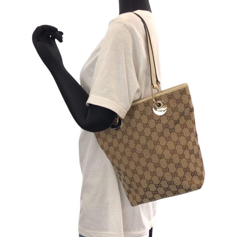 Gucci Brown Ivory Gold Hardware GG Canvas Tote Bag — view 7