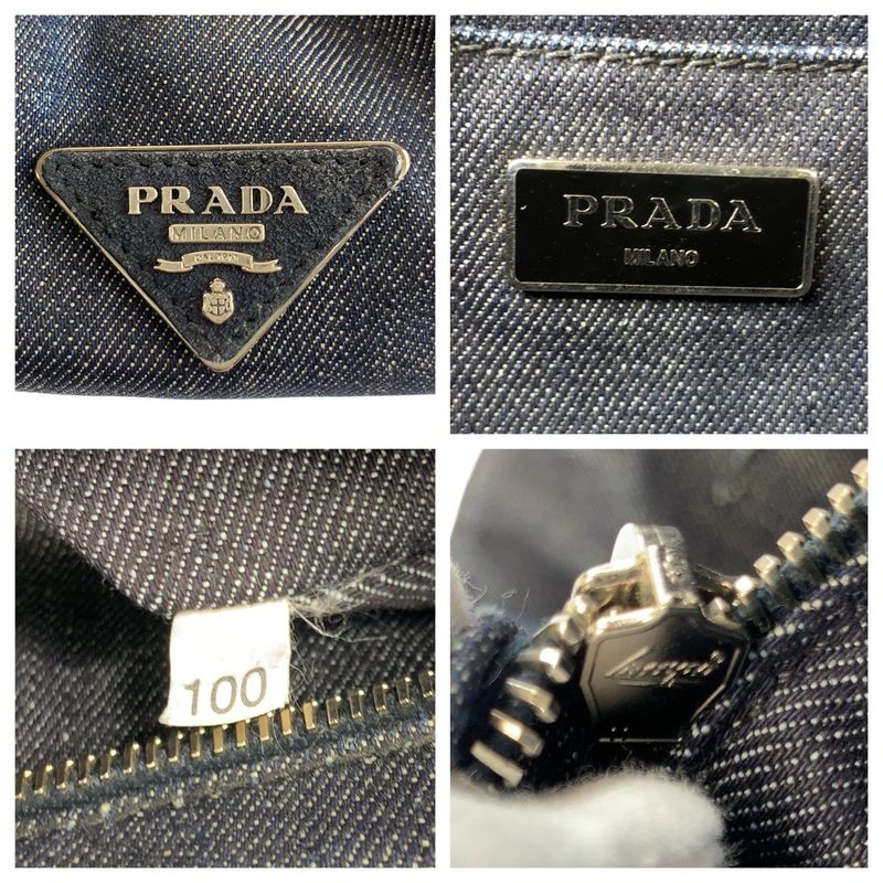 Prada Bijoux Canapa Triangle Logo Plate Navy Blue Denim Tote Bag — view 4