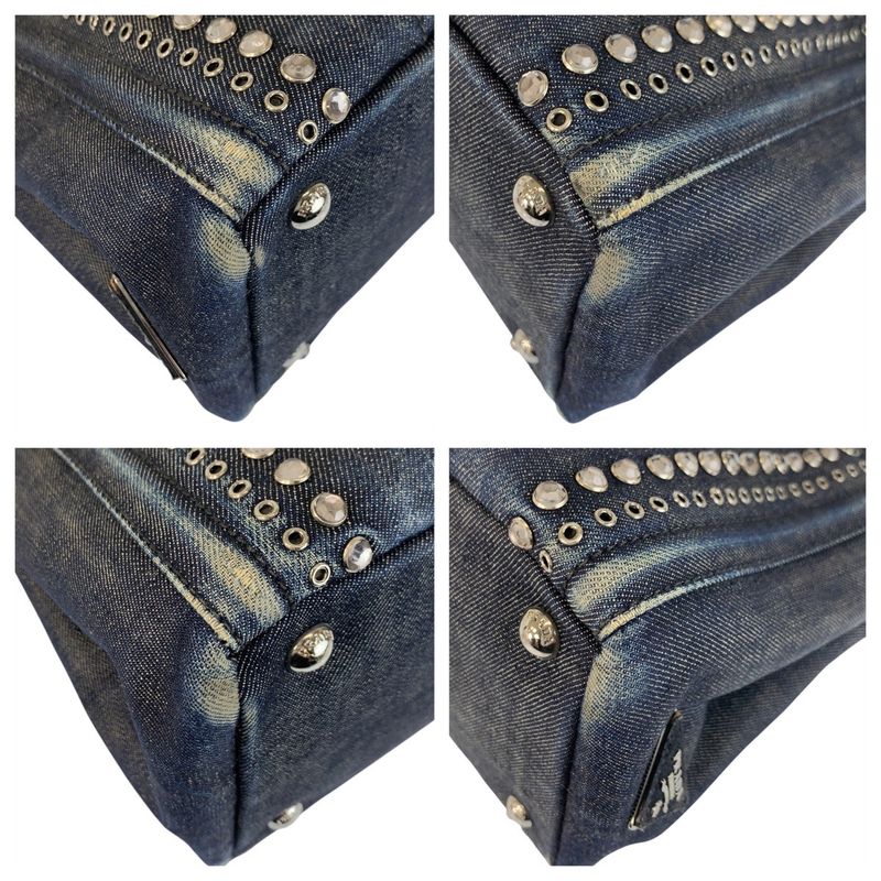 Prada Bijoux Canapa Triangle Logo Plate Navy Blue Denim Tote Bag — view 3
