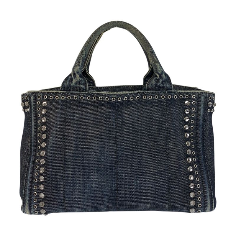 Prada Bijoux Canapa Triangle Logo Plate Navy Blue Denim Tote Bag — view 2