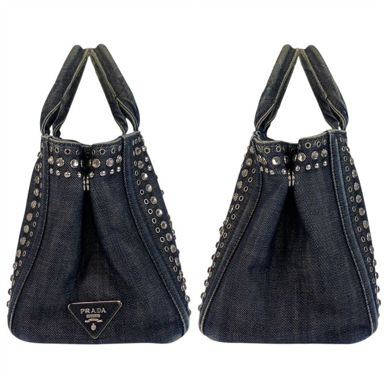 Prada Bijoux Canapa Triangle Logo Plate Navy Blue Denim Tote Bag — view 8