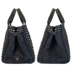 Prada Bijoux Canapa Triangle Logo Plate Navy Blue Denim Tote Bag — view 8
