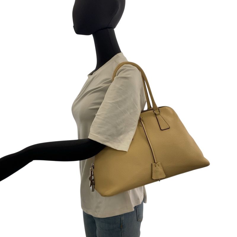 Prada Saffiano Triangle Logo Plate Beige Silver Hardware Leather Handbag — view 7
