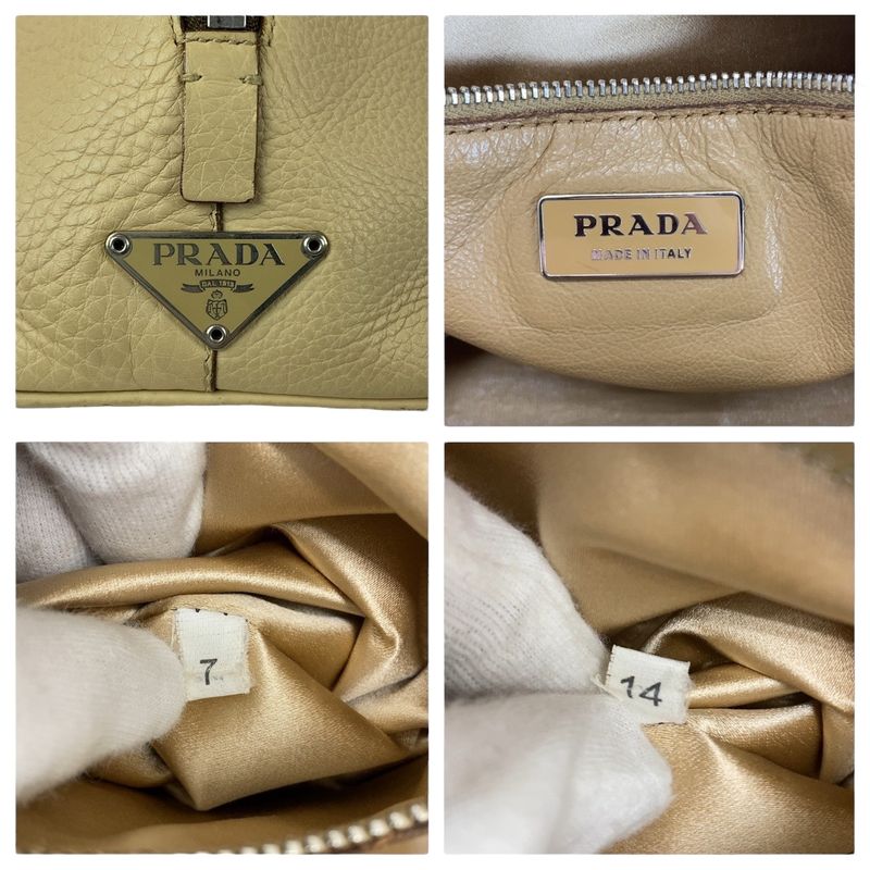 Prada Saffiano Triangle Logo Plate Beige Silver Hardware Leather Handbag — view 4