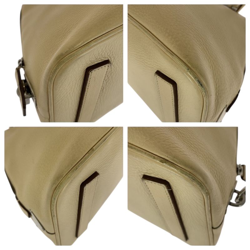 Prada Saffiano Triangle Logo Plate Beige Silver Hardware Leather Handbag — view 3