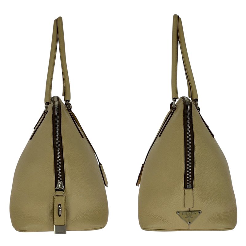 Prada Saffiano Triangle Logo Plate Beige Silver Hardware Leather Handbag — view 8