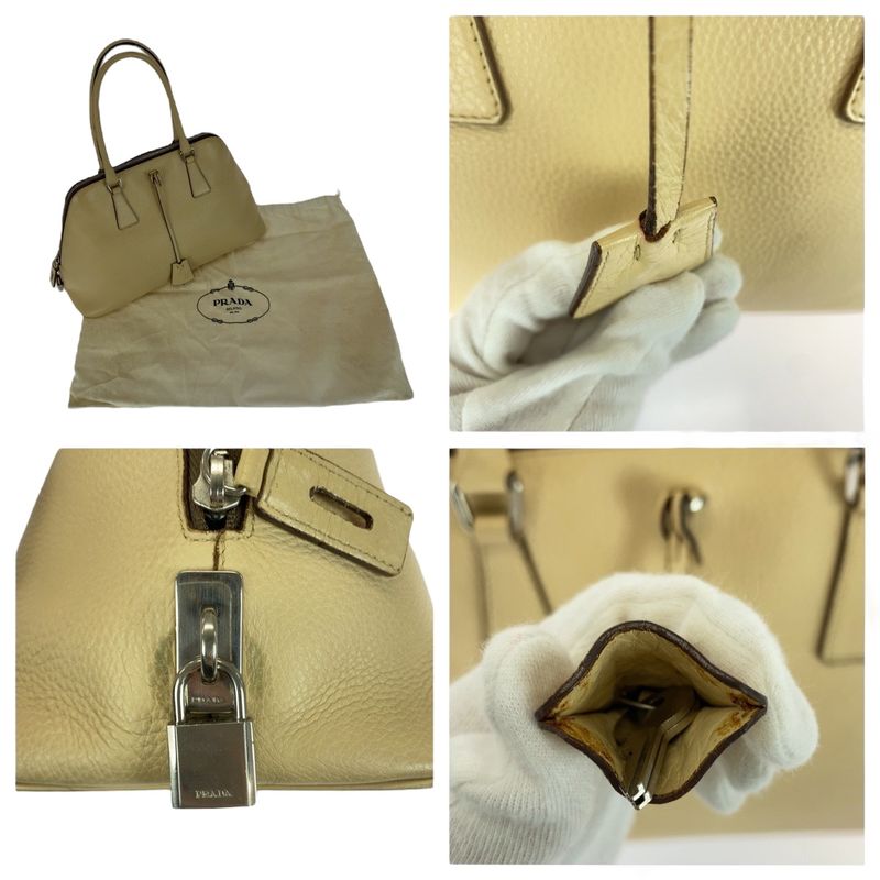 Prada Saffiano Triangle Logo Plate Beige Silver Hardware Leather Handbag — view 6