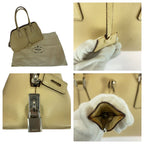 Prada Saffiano Triangle Logo Plate Beige Silver Hardware Leather Handbag — view 6