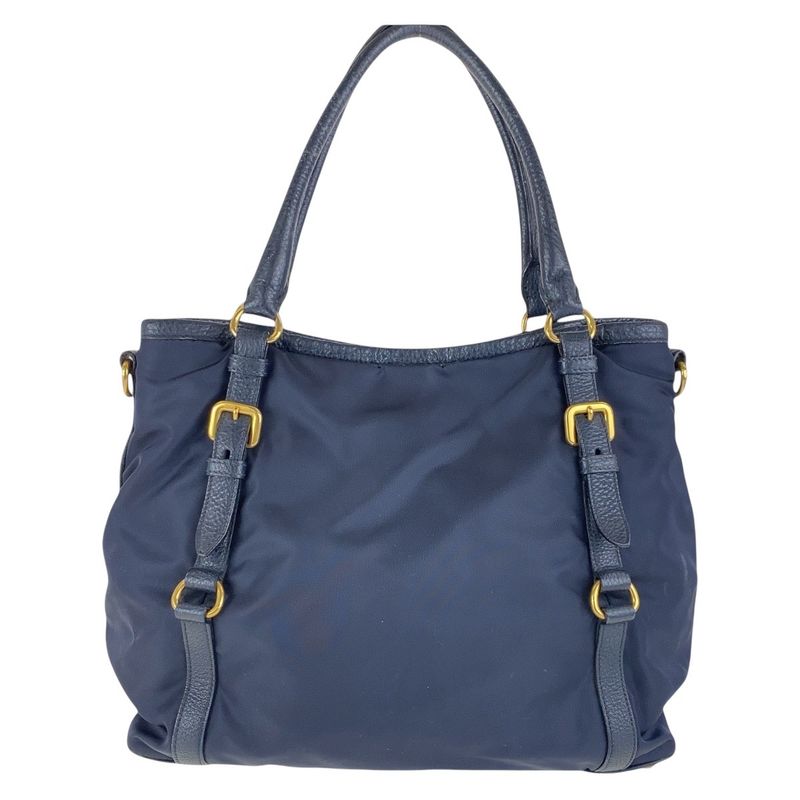 Prada Navy Gold Hardware Nylon Leather Shoulder Bag Handbag — view 2
