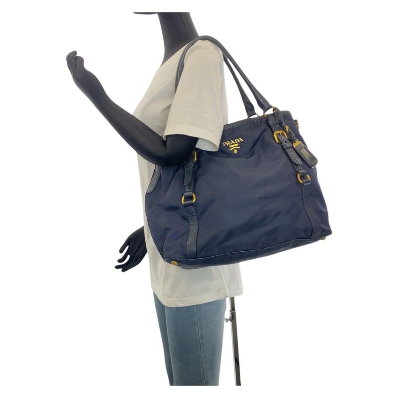 Prada Navy Gold Hardware Nylon Leather Shoulder Bag Handbag — view 6
