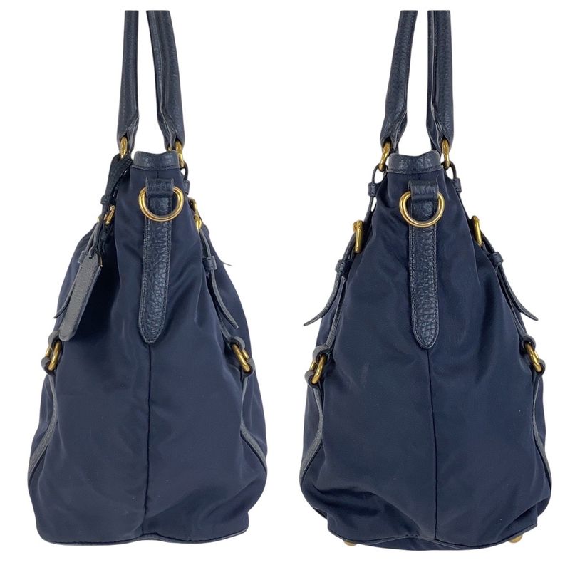 Prada Navy Gold Hardware Nylon Leather Shoulder Bag Handbag — view 7
