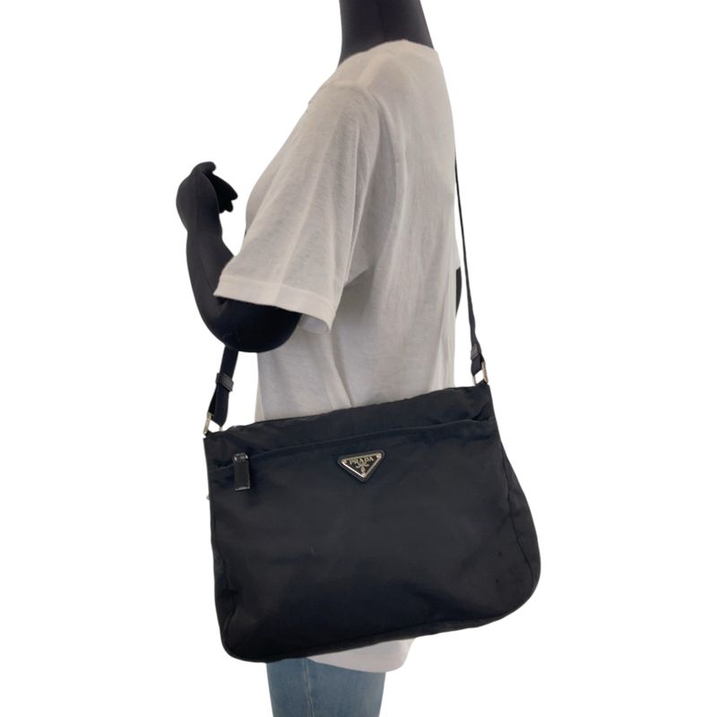 Prada Tessuto Triangle Logo Plate Black Silver Hardware Nylon Shoulder Bag — view 6
