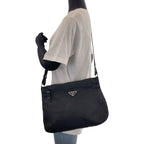 Prada Tessuto Triangle Logo Plate Black Silver Hardware Nylon Shoulder Bag — view 6
