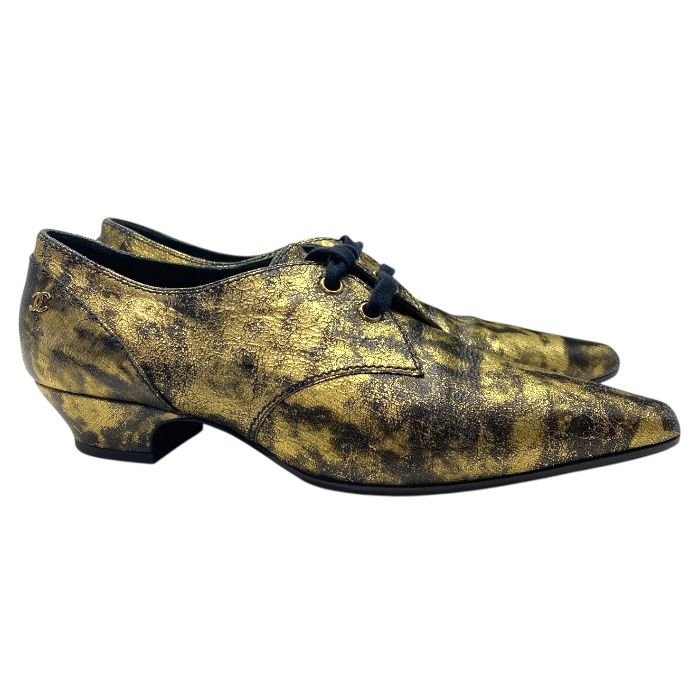 Chanel Loafers Metallic Oxford Coco Mark Logo Leather Shoes Gold Brown — view 5