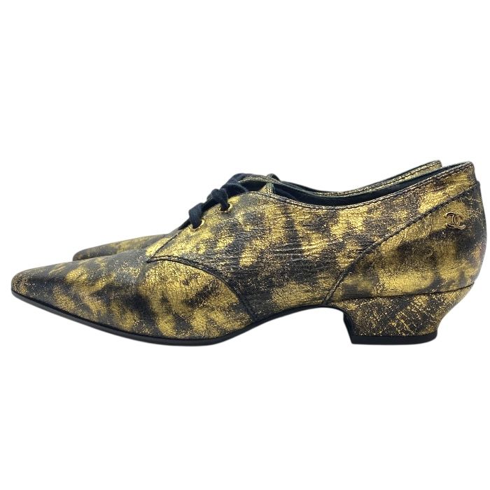 Chanel Loafers Metallic Oxford Coco Mark Logo Leather Shoes Gold Brown — view 3