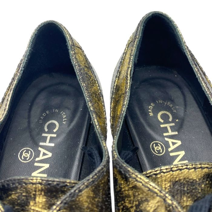 Chanel Loafers Metallic Oxford Coco Mark Logo Leather Shoes Gold Brown — view 7