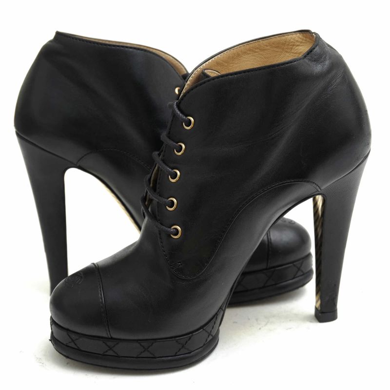Chanel Booties Short Boots Shoes Women Leather Black Coco Mark — view 3