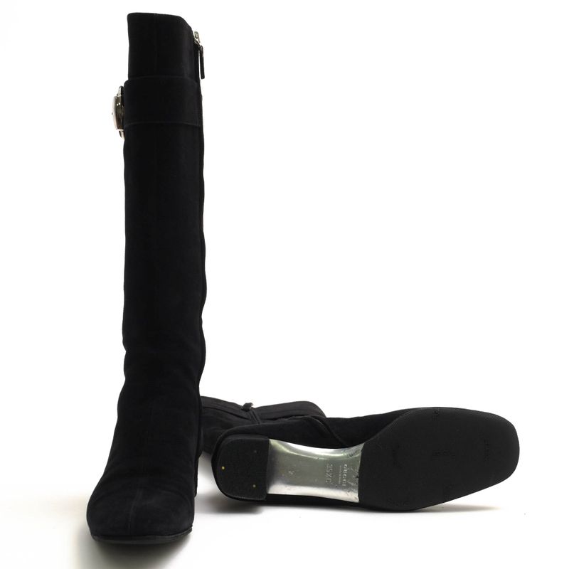 Gucci Long Boots Shoes Women Suede Leather Black Belt Design — view 7