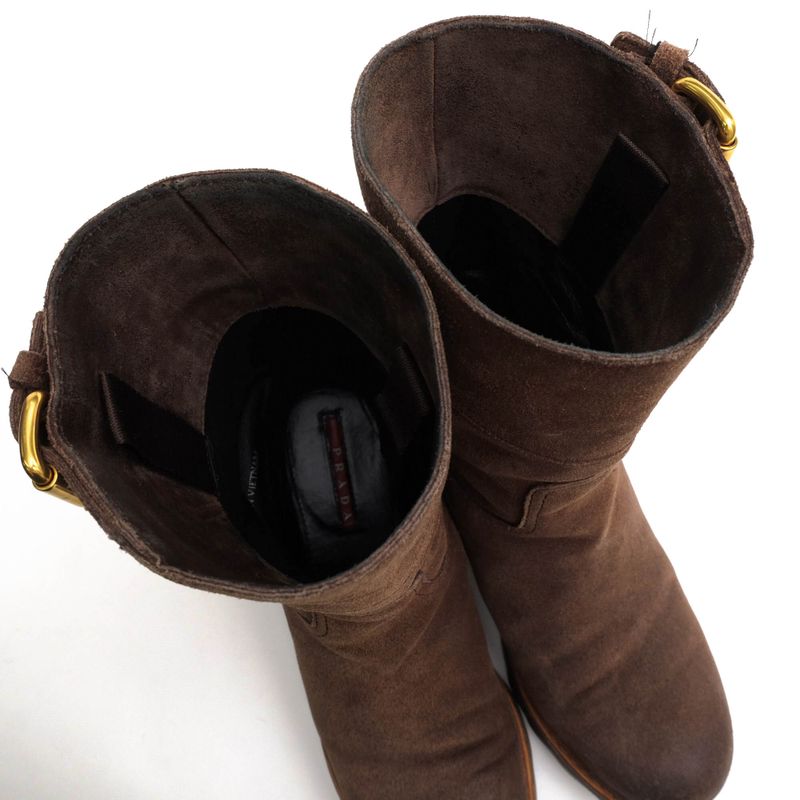 Prada Engineer Boots Shoes Women Suede Leather Dark Brown 3 U5360 — view 6