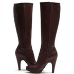 Prada Long Boots Shoes Women Leather Brown Side Zip High Heel — view 3
