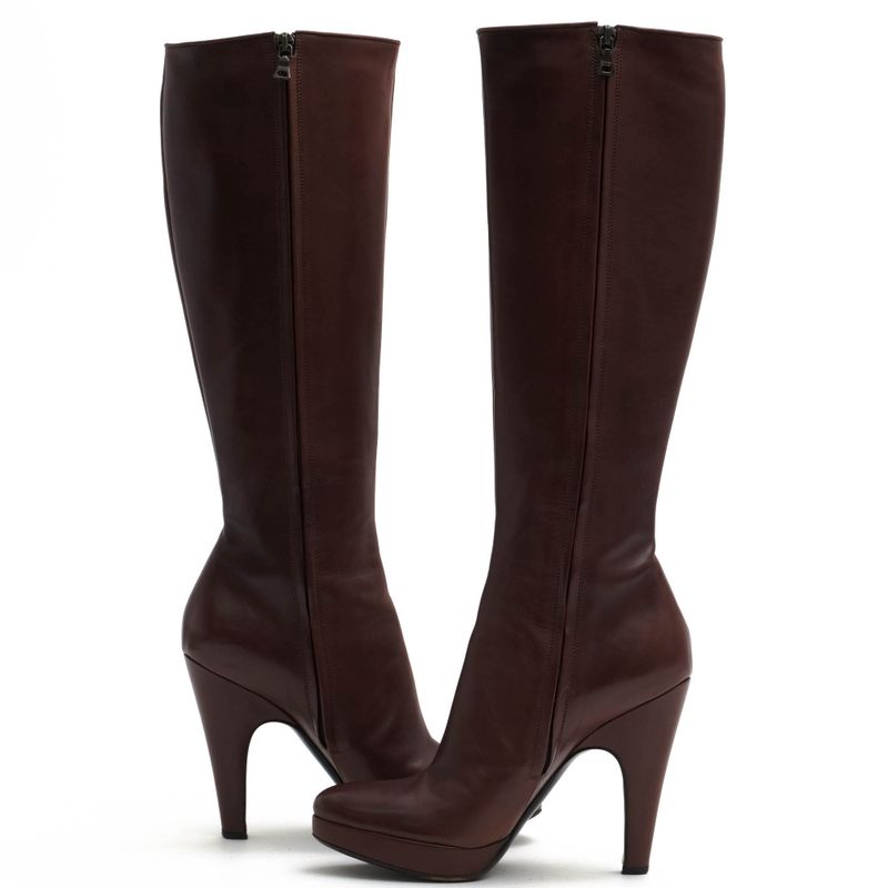 Prada Long Boots Shoes Women Leather Brown Side Zip High Heel — view 3