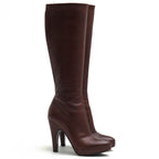Prada Long Boots Shoes Women Leather Brown Side Zip High Heel — view 2