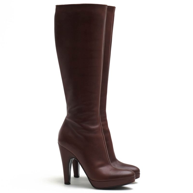 Prada Long Boots Shoes Women Leather Brown Side Zip High Heel — view 2