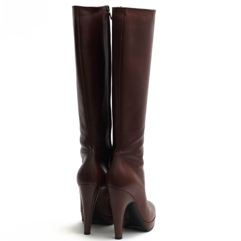 Prada Long Boots Shoes Women Leather Brown Side Zip High Heel — view 4